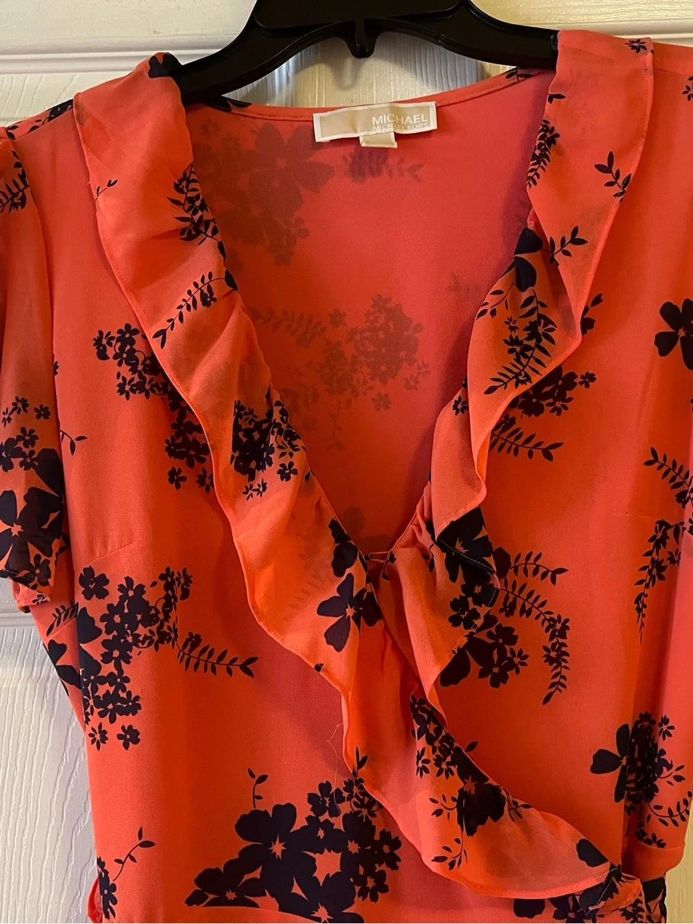 Michael Kor’s Coral Red Floral Ruffle Wrap Dress- Size Medium